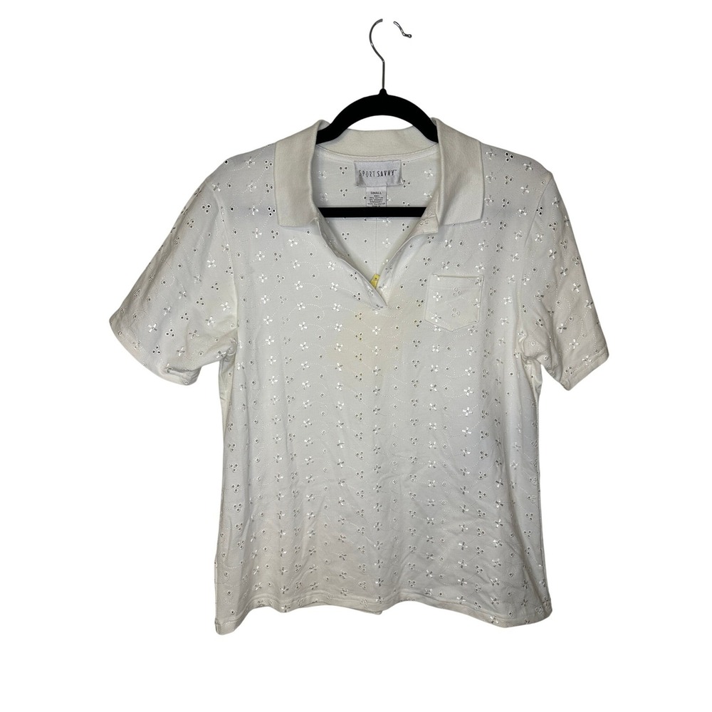 Sport Savvy Eyelet Top Womens Small White Cotton Blend QVC Style